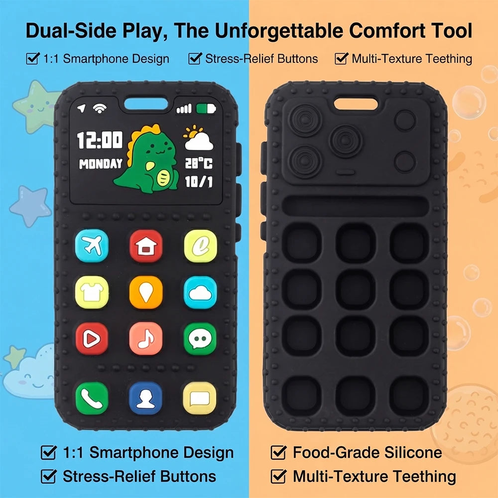 Baby Dinosaur Phone Teething Toy Food Grade Silicone Chew Molar Stick BPA Free Boilable Cute Toddler Teether Soothing Gum Relief