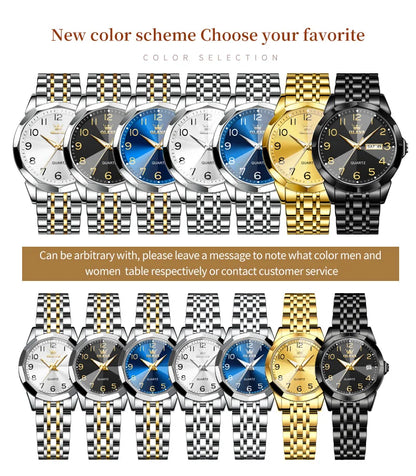 OLEVS 9970 Couple Watch For Men Women Luxury Number Dial Rhombus Mirror Quartz Hand Clock Stainless Steel Original Dress Watches
