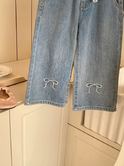 Girls Stitching Lace Denim Pants 2025New Spring Embroidered Bow Jeans Children Clothes Kids Straight Legged Pants Loose Trousers