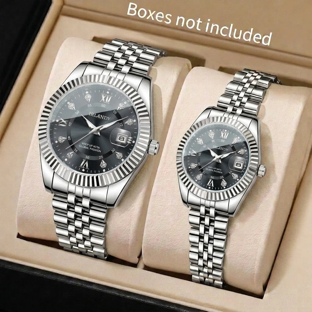 2PCS Fashion Couple's Watches Set Luxury Rhinestone Roma Dial Women Quartz Watch Men Calendar Business Wristwatches（Without Box）