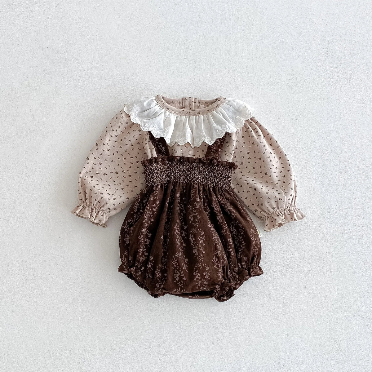 Spring Baby Girls' Lace Collar Pullover Top With Retro Floral Suspenders Pants Set