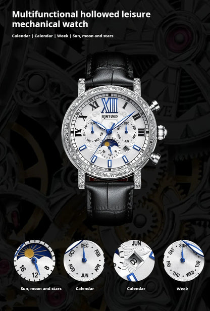 KINYUED Brand Luxury Men's Moon Phase Automatic Mechanical Watch Leather Strap Waterproof Week Date Casual Dress Wrist Watches