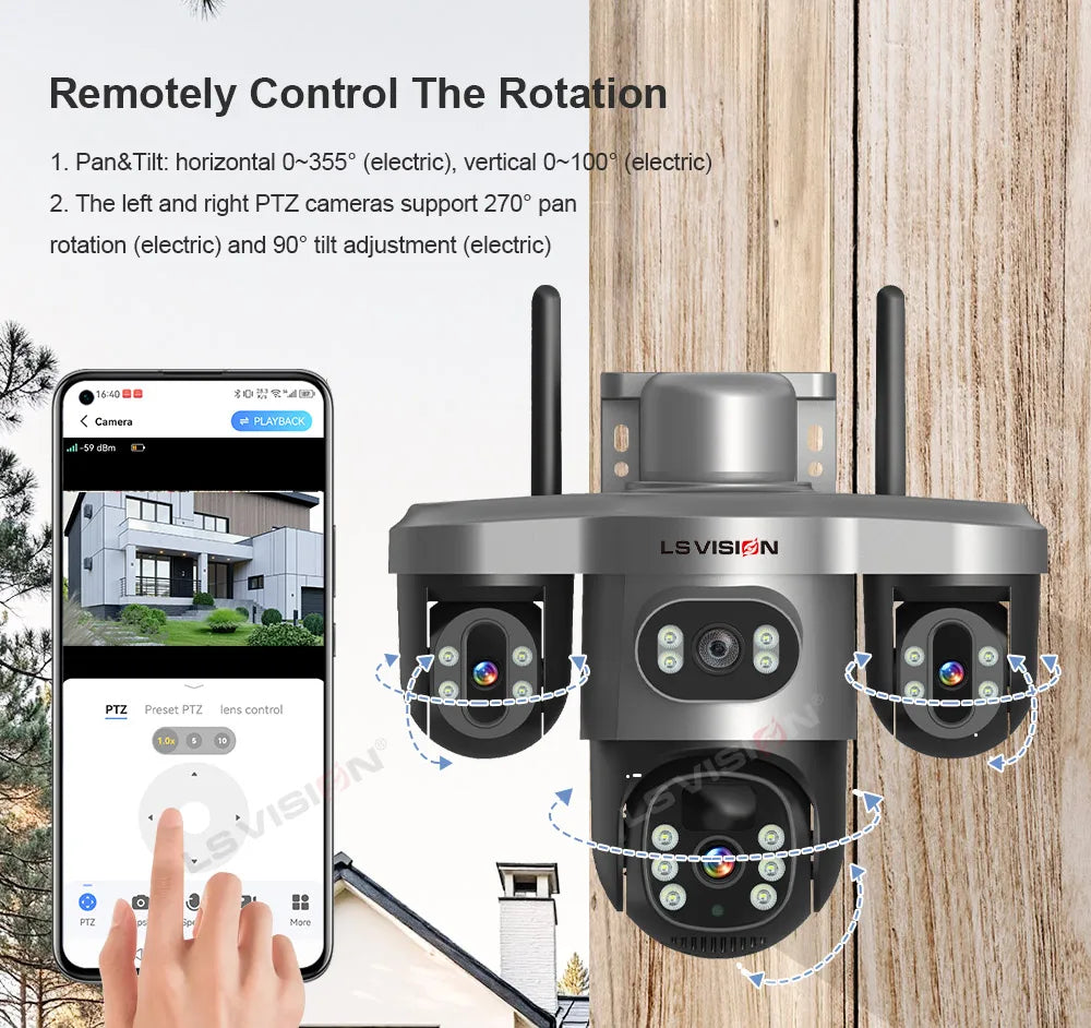 LS VISION Wireless WiFi Solar Camera Three Lens Three Screen 4G Sim Card Solar Cam Human Detection Outdoor Solar Surveillance