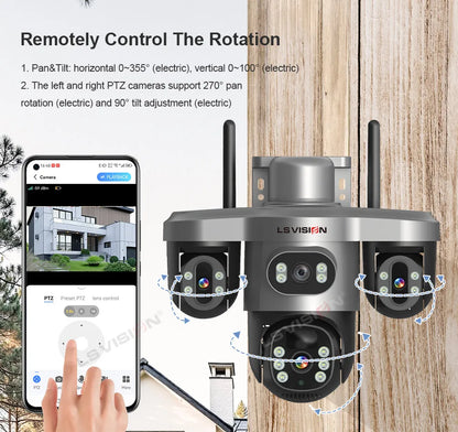 LS VISION Wireless WiFi Solar Camera Three Lens Three Screen 4G Sim Card Solar Cam Human Detection Outdoor Solar Surveillance