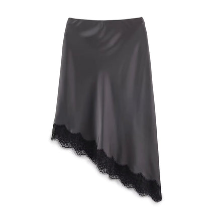 BSAY Lace Asymmetry Satin Texture Skirt Women Fashion Autumn Winter New Solid Chic Female High Waist Elegant Skirts Mujer