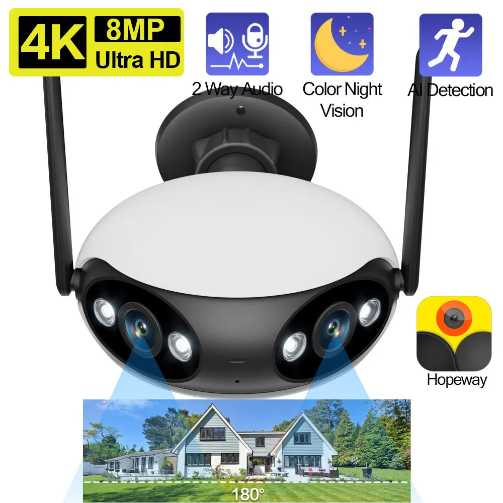 4K 8MP Dual Lens Wifi IP Camera Outdoor 180° Wide Viewing Angle Panoramic Security Surveillance Camera Wireless CCTV IP Cam P2P