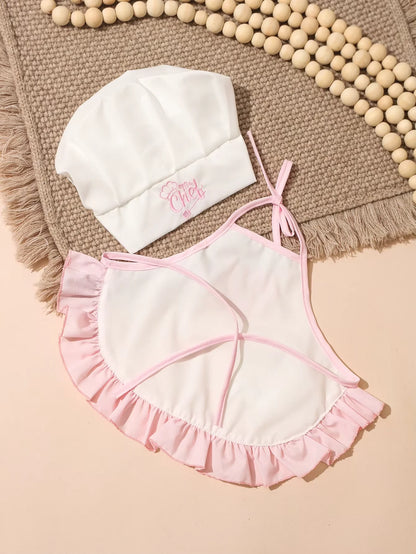 Ylsteed 2 Pcs Set Cute Baby Chef Apron and Hat Infant Kids White Cook Costume Photography Prop Newborn Hat Apron-HD