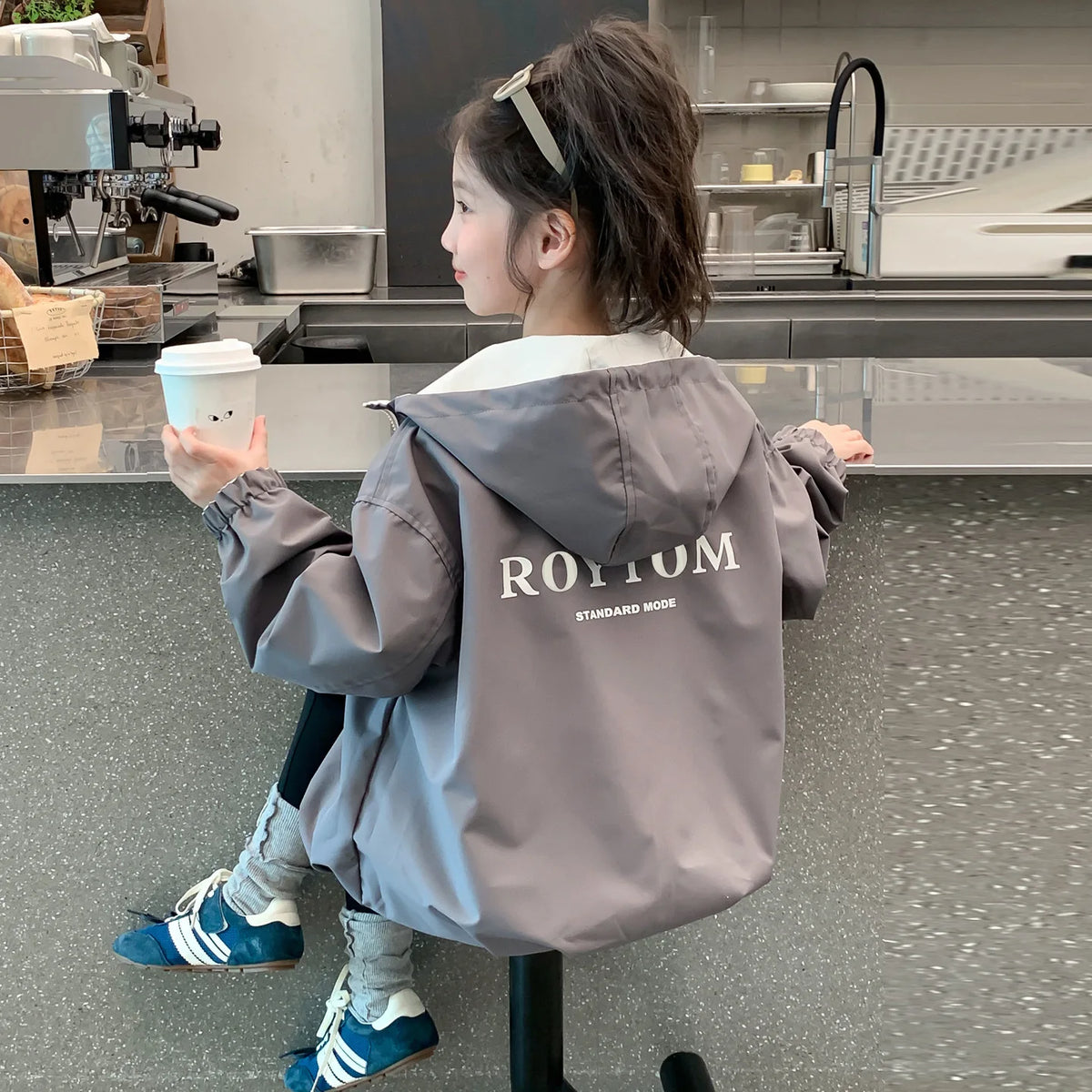2026 Spring Autumn Girls Reversible Waterproof Hooded Jacket Teen Kid Letter Print Windbreaker Coat Children Loose Outerwear Top