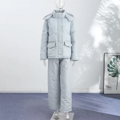Casual Women's Stripe Set With Hat Full Sleeve Cotton Padded Coat Straight Pants Female Loose Sets 2026 Autumn Winter Lady Suit