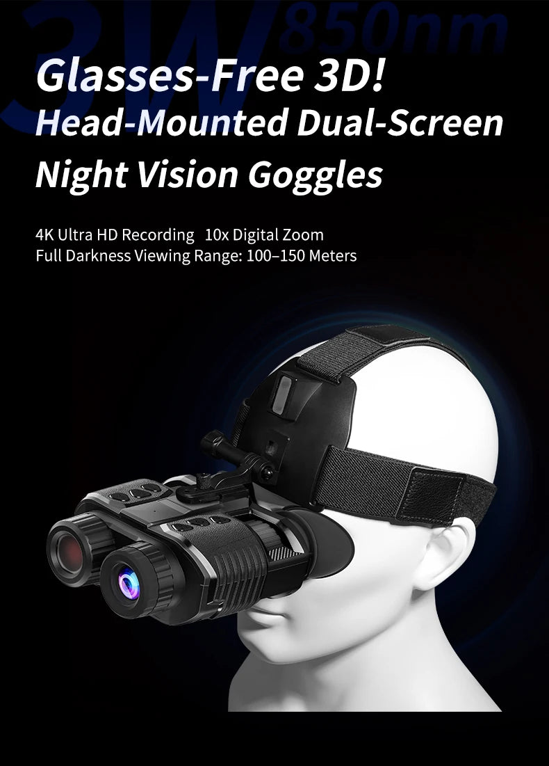 Night Vision Head Mounted Goggles 10X Digital Zoom 4K HD Infrared Binoculars 850nm 9 Levels Hands Free Helmet for Hunting