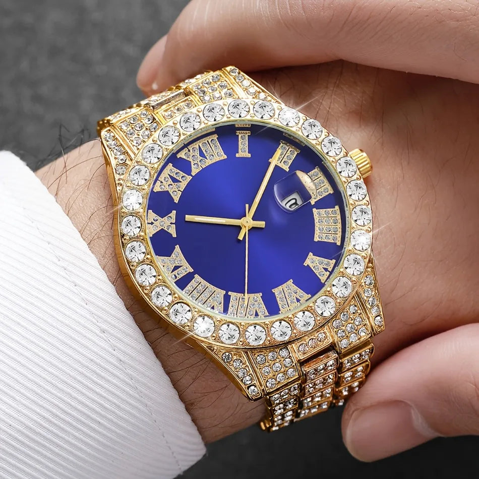 2-Piece Men's Luxury Watch Set - Classic Minimalist Large Dial Casual Versatile Quartz Watch Golden & Silvery Combination Set