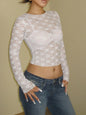 Women's Long Sleeve See through Lace Crop Top Sexy Bodycon T-Shirt Solid Color Party Clubwear for Autumn Winter