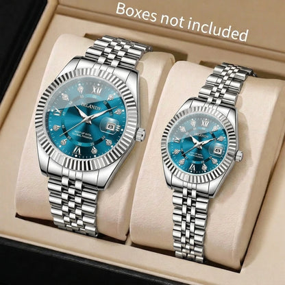 2PCS Fashion Couple's Watches Set Luxury Rhinestone Roma Dial Women Quartz Watch Men Calendar Business Wristwatches（Without Box）