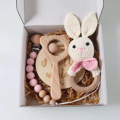 4pcs Newborn Gift Set - Baby Crochet Rattle Pacifier Clip, Teether, - Bunny Teether Elephant Toy Photography Background Set