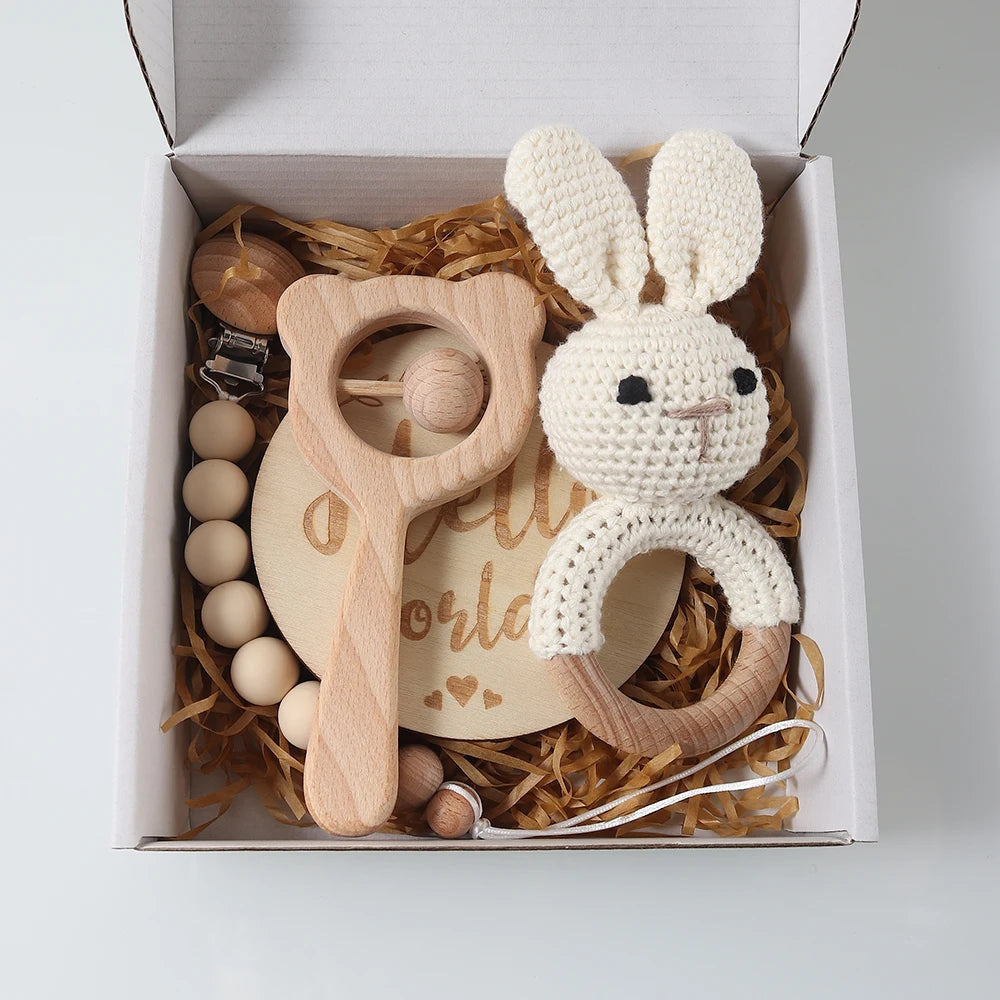 4pcs Newborn Gift Set - Baby Crochet Rattle Pacifier Clip, Teether, - Bunny Teether Elephant Toy Photography Background Set