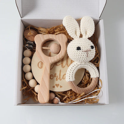 4pcs Newborn Gift Set - Baby Crochet Rattle Pacifier Clip, Teether, - Bunny Teether Elephant Toy Photography Background Set