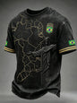 Black Brazil Street Style Tee with 3D Embossed South America Map Print & Gold Striped Trim, Customized for Soccer Fans