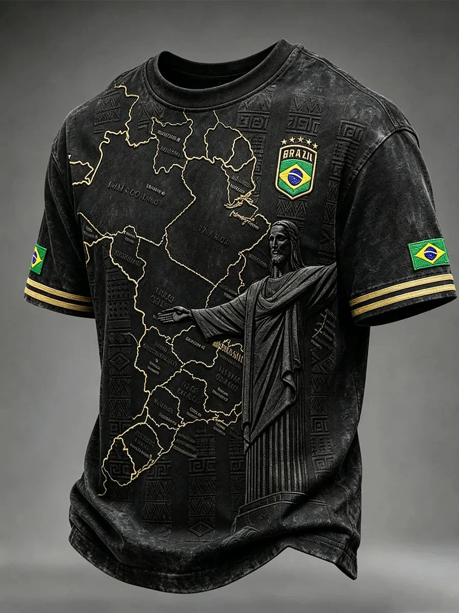 Black Brazil Street Style Tee with 3D Embossed South America Map Print & Gold Striped Trim, Customized for Soccer Fans