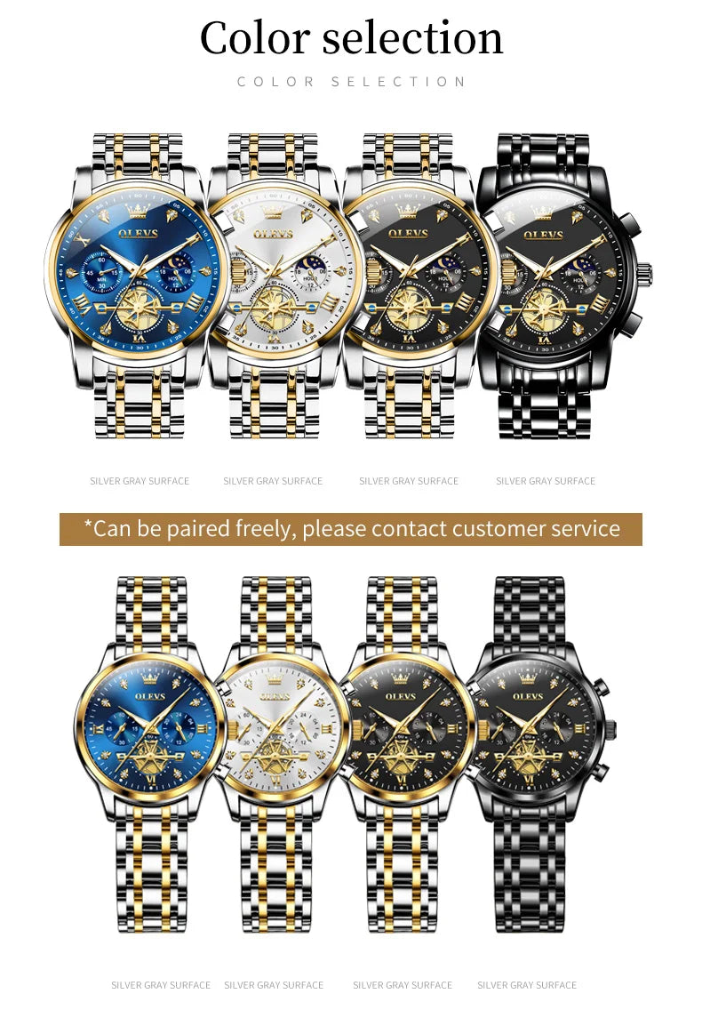 OLEVS Luxury Flywheel Design Couple Wristwatch Chronograph Waterproof Moon Phase Watch Brand Original Quartz Watch for Men Women