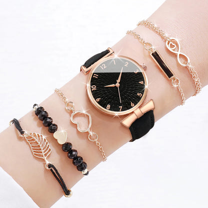 6pcs/set Ladies' belt watch, student ins style Korean version, simple temperament, light luxury, niche with calendar quartz