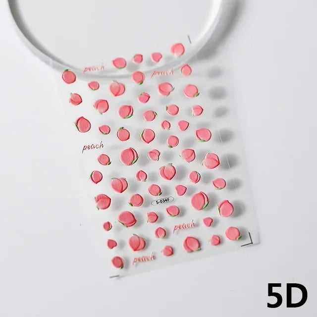 Pink Translucent Peach Jelly Texture 5D Soft Embossed Reliefs Self Adhesive Nail Art Stickers Cute Fruits 3D Manicure Decals