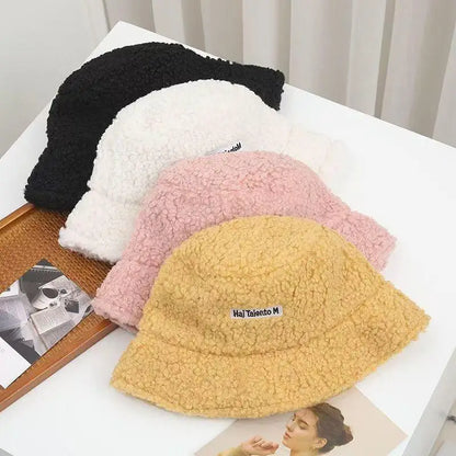 Warm Embroidered Hat Soft Lambswool Bucket Hat For Women Men Winter Warm Knitted Beanie Cap Soft Warm Thick Fisherman Hat