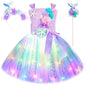 Girls' LED Flashing Mermaid Performance Clothing, Kids' Birthday Beauty Outfit, Fish-Tail Floral Mermaid Princess Tulle Dress
