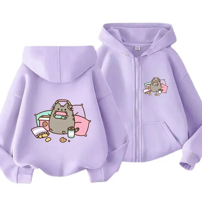 Cozy Pusheen Cat With Headphones Snacks Front Back Zip Up Hoodie For Kids Long Sleeve Lovely Cartoon Casual Outerwear Jacket