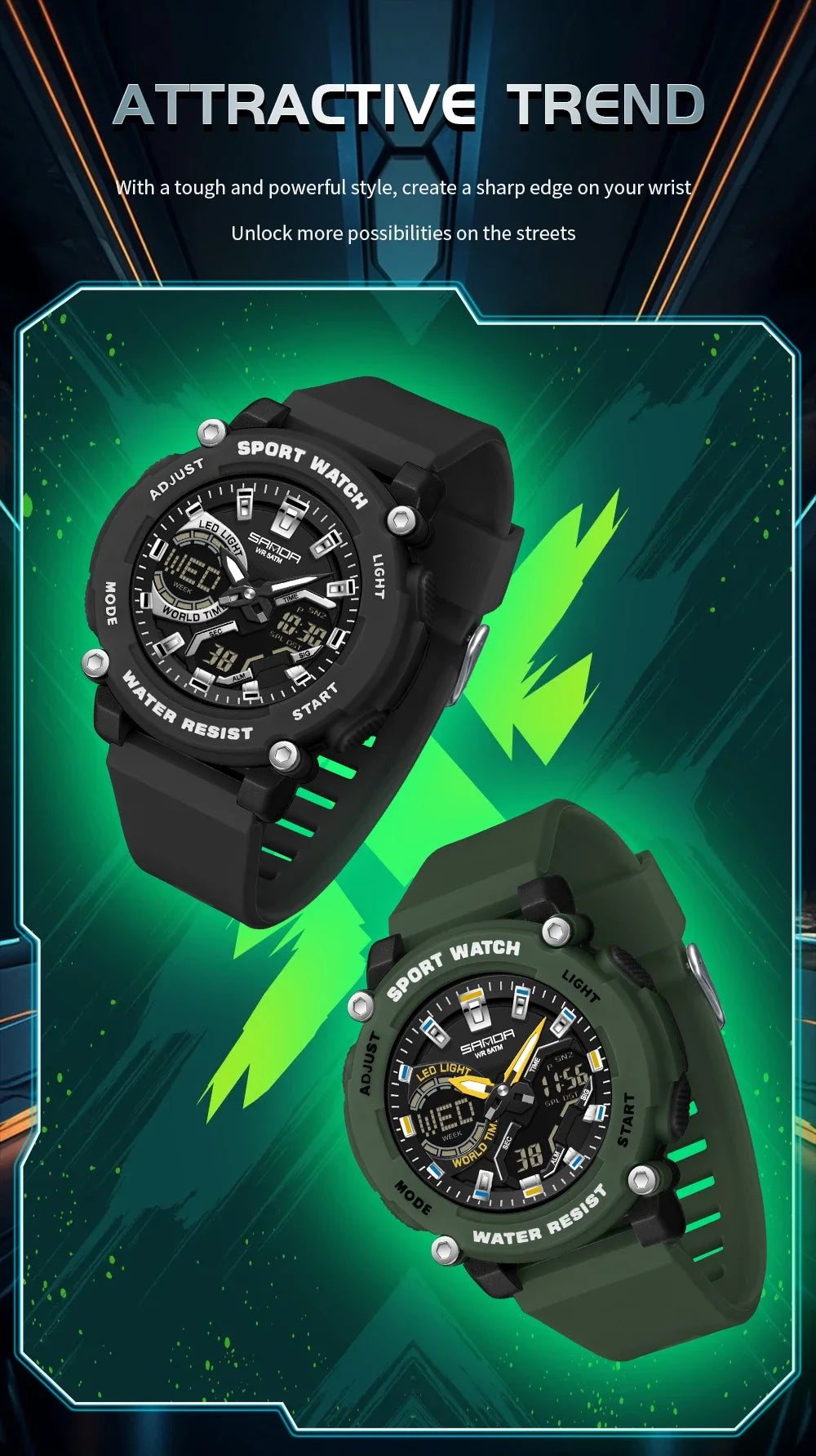 SANDA Outdoor Men's Electronic Wristwatch Large Dial Multifunctional Waterproof Luminous Alarm Military Sports Watch