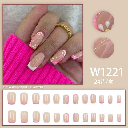Blue French 24 Pcs Press on Nails Pink Gradient Fake Nails Glossy Artificial Finger Manicure Reusable False Nails