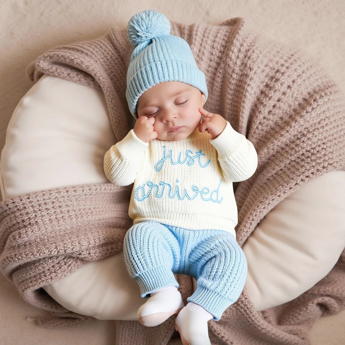 Ylsteed 3 Pcs Set Knitting Newborn Boy Photography Clothes "Just Arrived" Embroidery Khaki Baby Outfits Sweater Baby Shower Gift