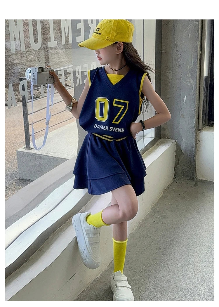Girls Clothes Set Kids Two Pieces Suits Child Sporty Style Tee+Shorts Sets Tween Girls Clothes Set With Number Design Size 4-14Y