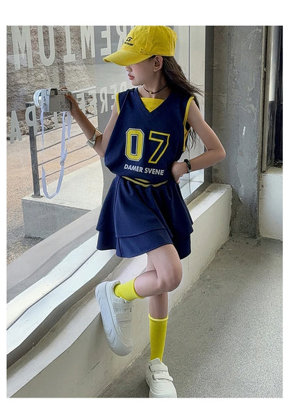 Girls Clothes Set Kids Two Pieces Suits Child Sporty Style Tee+Shorts Sets Tween Girls Clothes Set With Number Design Size 4-14Y