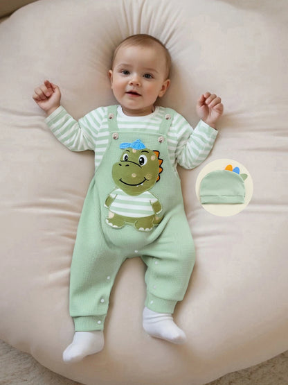 Cute Infant Newborn Baby Boys 3Pcs Outfit Cute Baby Clothes Long Sleeve Striped Romper Animal Embroidery Overalls Hat Clothes