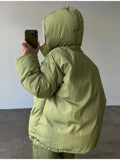 Stripe Women's Padded Cotton Coats Pant Suit Hooded Zipper Puffer Coat Loose Thick Pants 2026 Fashion Lady Autumn Winter Ski Set
