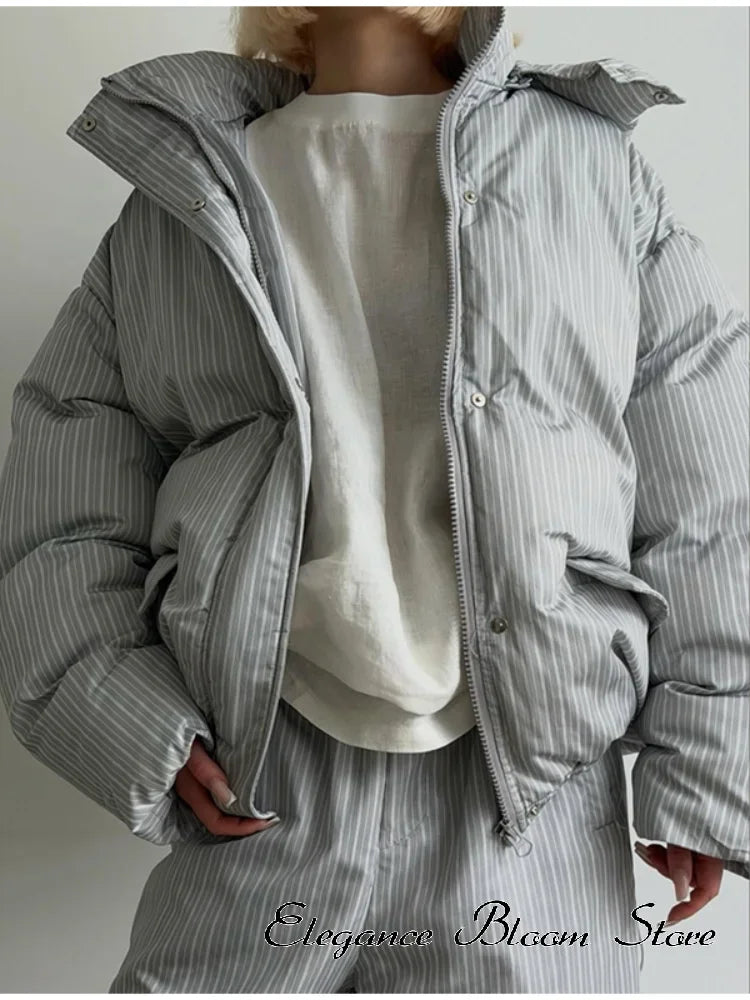 Stripe Women's Padded Cotton Coats Pant Suit Hooded Zipper Puffer Coat Loose Thick Pants 2026 Fashion Lady Autumn Winter Ski Set