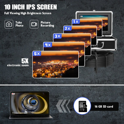 17MM/23MM Sewer Pipe Inspection Camera  with DVR 16GB TF Card, Sewer Drain Industrial Endoscope 10" Monitor AHD 720P Camera