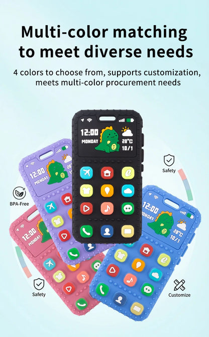 Baby Dinosaur Phone Teething Toy Food Grade Silicone Chew Molar Stick BPA Free Boilable Cute Toddler Teether Soothing Gum Relief