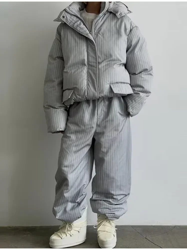 Stripe Women's Padded Cotton Coats Pant Suit Hooded Zipper Puffer Coat Loose Thick Pants 2026 Fashion Lady Autumn Winter Ski Set