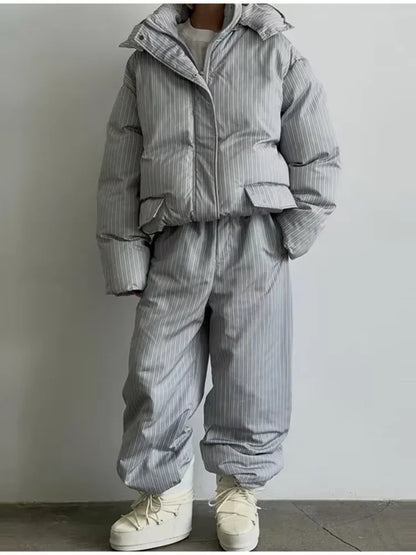 Stripe Women's Padded Cotton Coats Pant Suit Hooded Zipper Puffer Coat Loose Thick Pants 2026 Fashion Lady Autumn Winter Ski Set