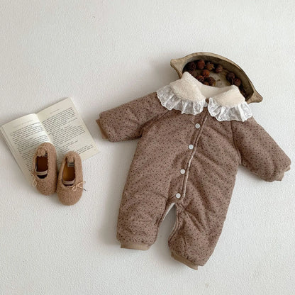 Korean Baby Cotton Jumpsuit Thickened Hooded Romper Plush Warm Autumn Winter Newborn Clothes Floral Princess Bodysuit Ropa Bebe