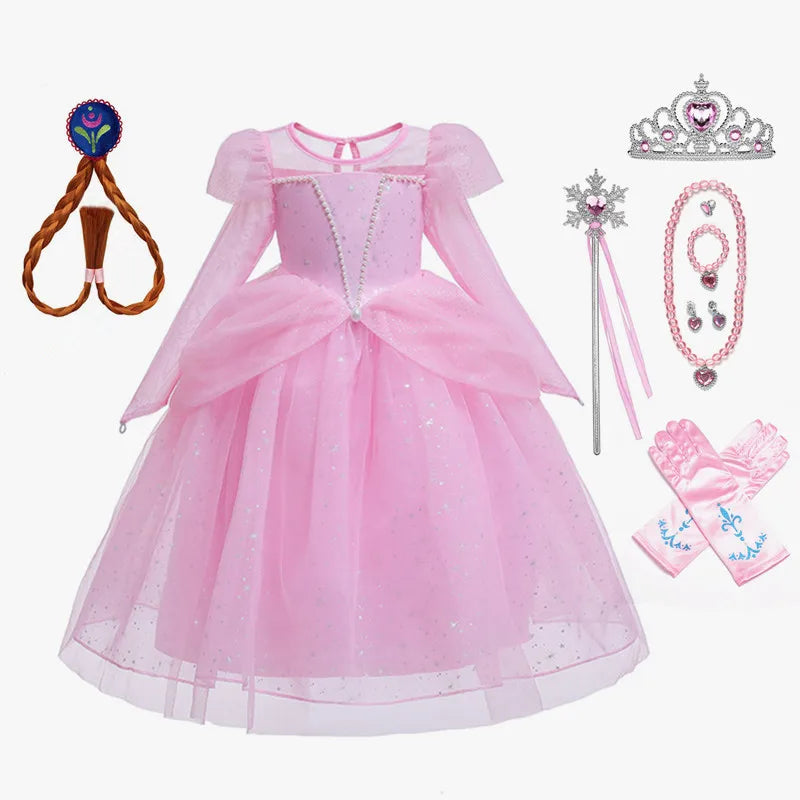 Elsa Cosplay Costume Kids Layers Deluxe Ball Gown Princess Dresses Aurora Christmas Wedding Evening Dress Girls Princess Dresses