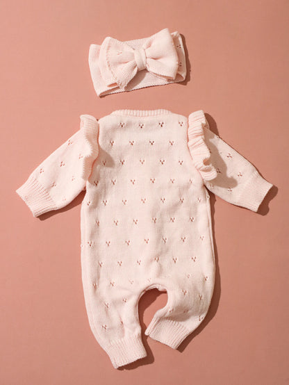 YlsteeeNewborn Baby Girl Knitted Romper Set with Bow Headband, Ruffle Sleeve Heart Knit Jumpsuit for 0-3M Photography Daily Wear