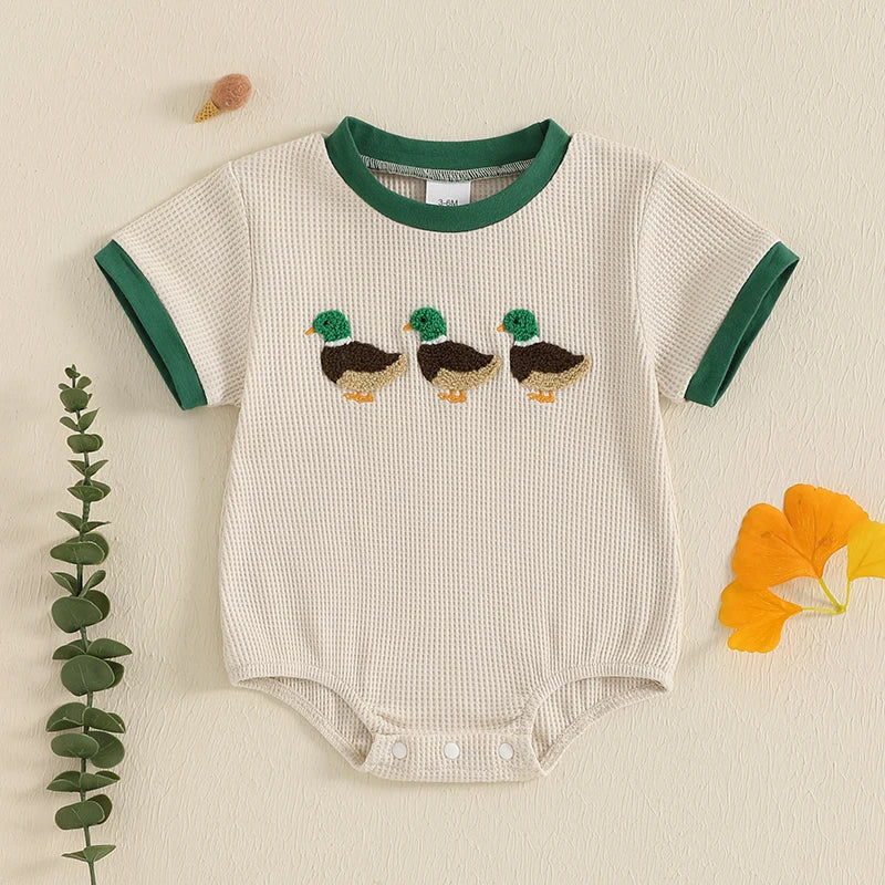 2025-01-13 Lioraitiin Newborn Baby Boys Girls Romper Short Sleeve Crew Neck Duck Embroidery Bodysuit Playsuit