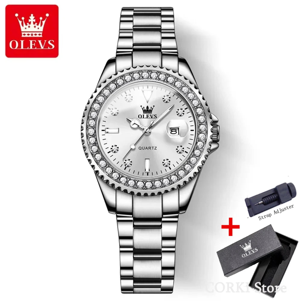 OLEVS 9945 Luxury Diamond Stainless Steel Quartz Watch for Women Elegant Ladies Waterproof Sport Women's Wristwatch Reloj Mujer