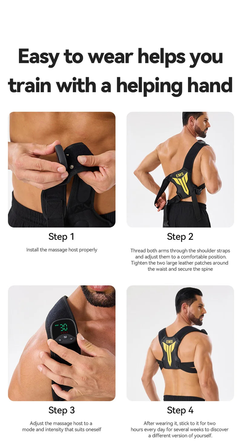 Electric Muscle Stimulator EMS Back Shoulder Vibration Stress Relief Massager Smart Muscle Toner Correct Body Posture USB Charge