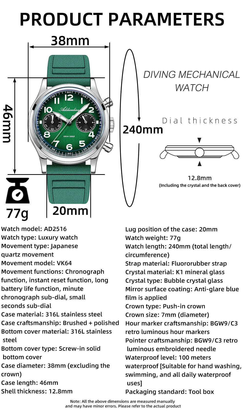 ADDIESDIVE New 2025 Chronograph 38mm Men's Watches VK64 Quartz Wristwatch Luminous Bubble Mirror 10Bar Waterproof Steel Watch
