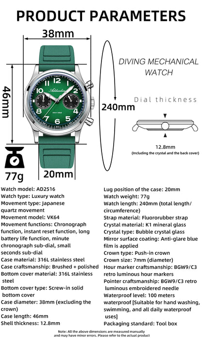 ADDIESDIVE New 2025 Chronograph 38mm Men's Watches VK64 Quartz Wristwatch Luminous Bubble Mirror 10Bar Waterproof Steel Watch