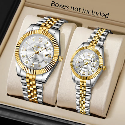 2PCS Fashion Couple's Watches Set Luxury Rhinestone Roma Dial Women Quartz Watch Men Calendar Business Wristwatches（Without Box）