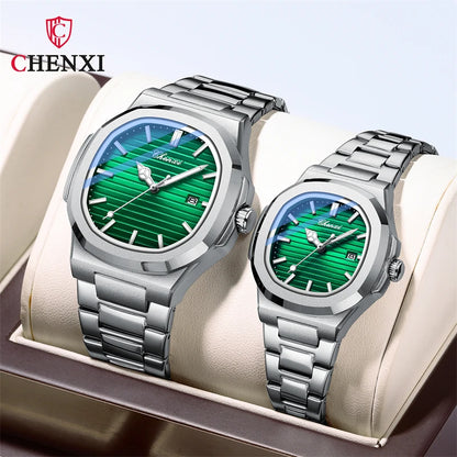 CHENXI 8222 Fashion Couple Quartz Watch Waterproof Night Light Date Stainless Steel Strap Casual Date Men's and Women's Watch